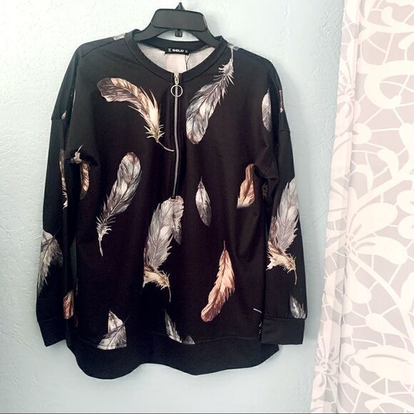 Sheilay Black Feather Print Pullover Sweatshirt Size Large - Picture 1 of 8